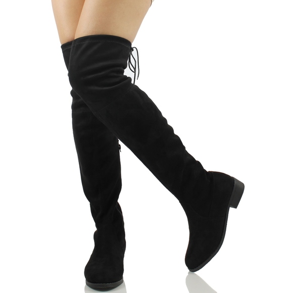 Black Faux Suede Over the Knee Back Tie  Boot - Picture 5 of 6